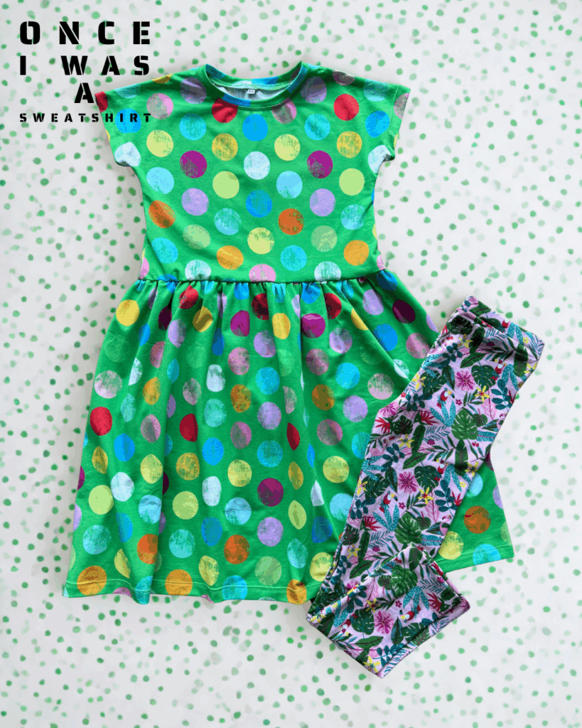 Kids green polka dot dress with floral leggings