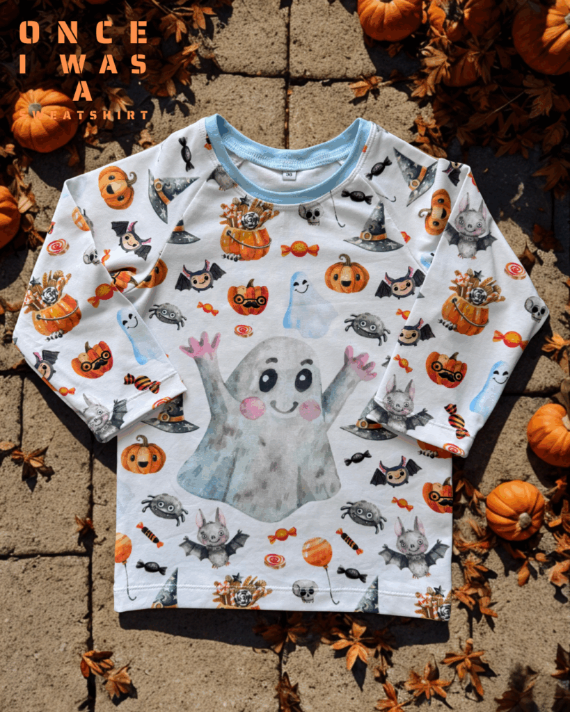Kids long sleeve with friendly ghost, pumpkins and candy