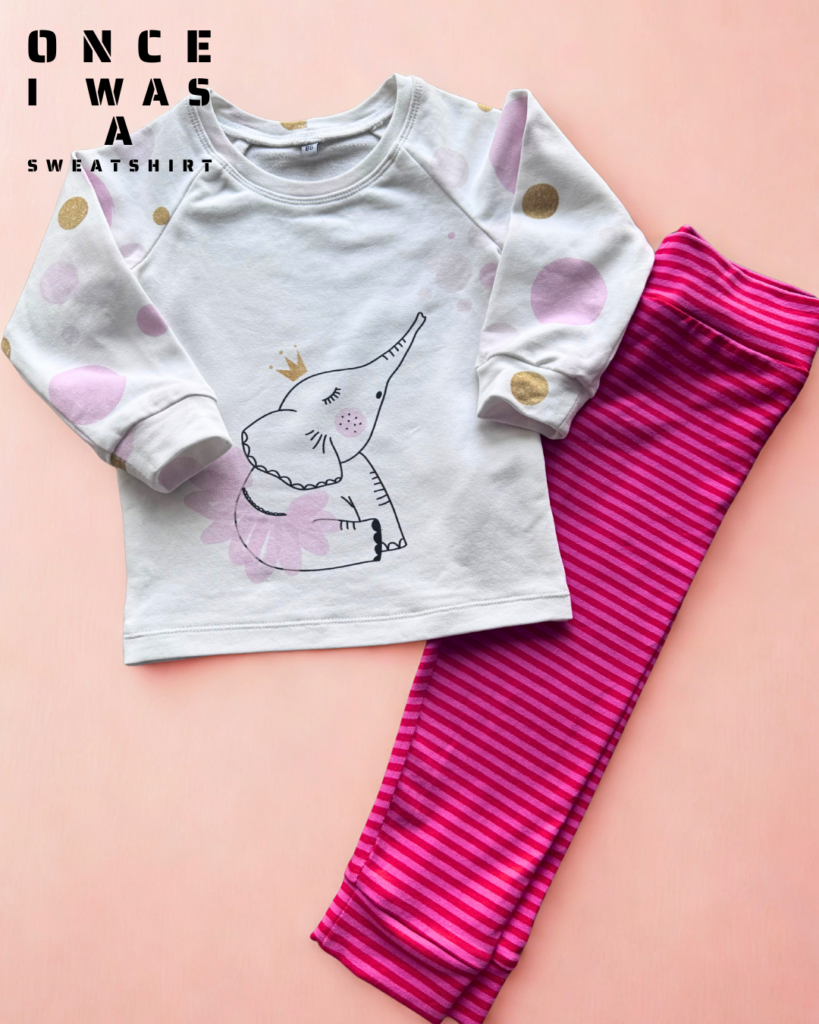 Kids long sleeve shirt with elephant illustration and pink striped leggings