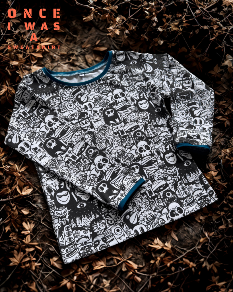 Kids long sleeve shirt with black and white monster and skull pattern
